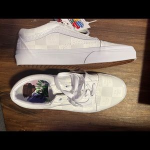 White Vans Old Skool DIY Checkerboard Sneakers